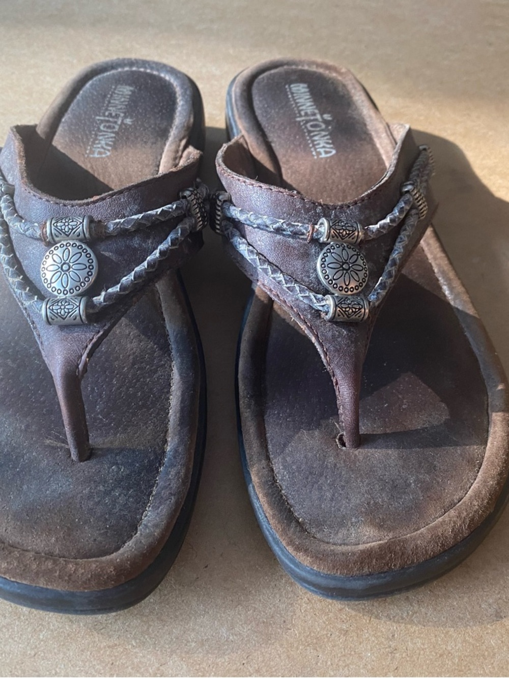 Minnetonka Brown Braided Leather Thong Sandals with Concho Accents